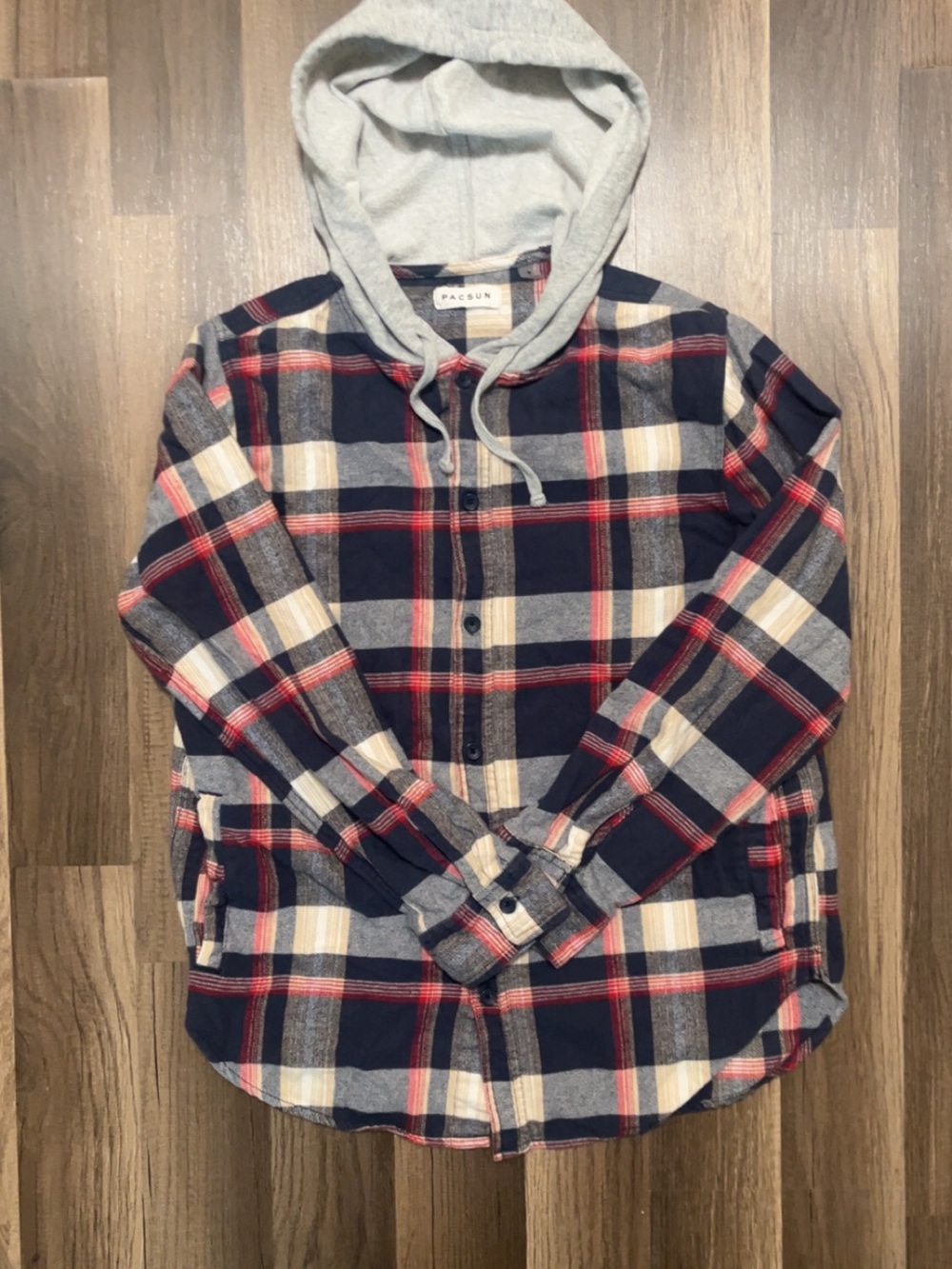 PacSun Men’s Small Hooded Sweatshirt Plaid Button-Up in Navy, Red, Cream